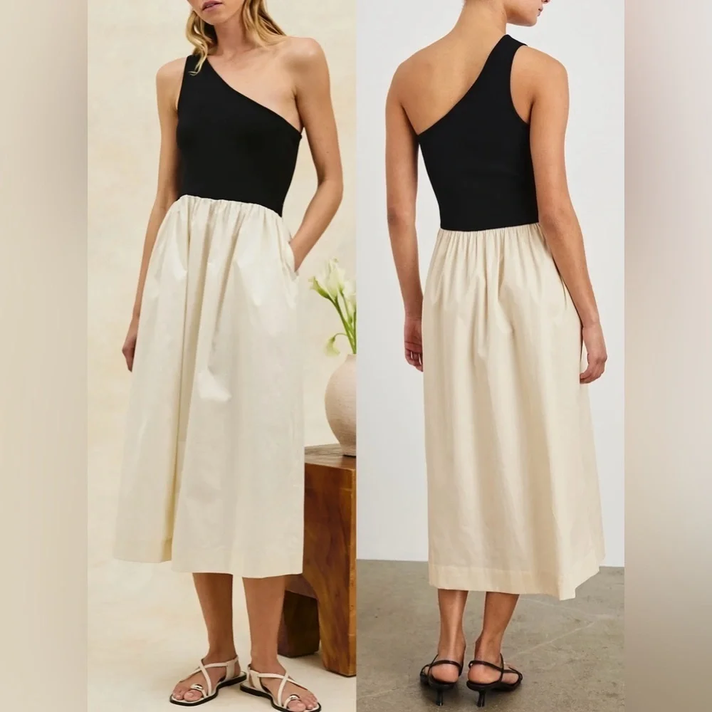 NEW Rails Anita One Shoulder Mix Media Black ivory Midi Dress sz S - Picture 1 of 7